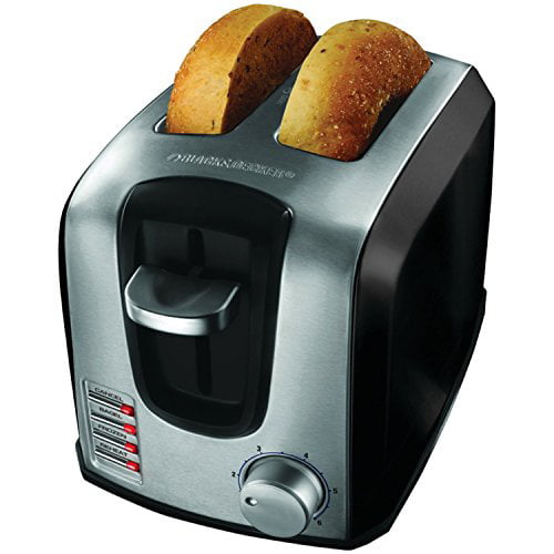 A silver and black toaster toasting bagels.