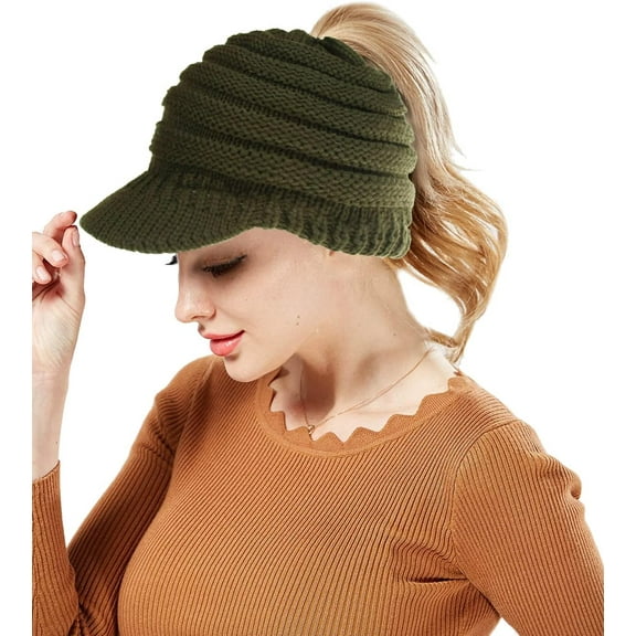 YooGuoGuo Winter Cable Knit Beanie Cap Soft Stretch Messy High Bun Ponytail Hat Unisex Warm Fleece Lined Skull Cap