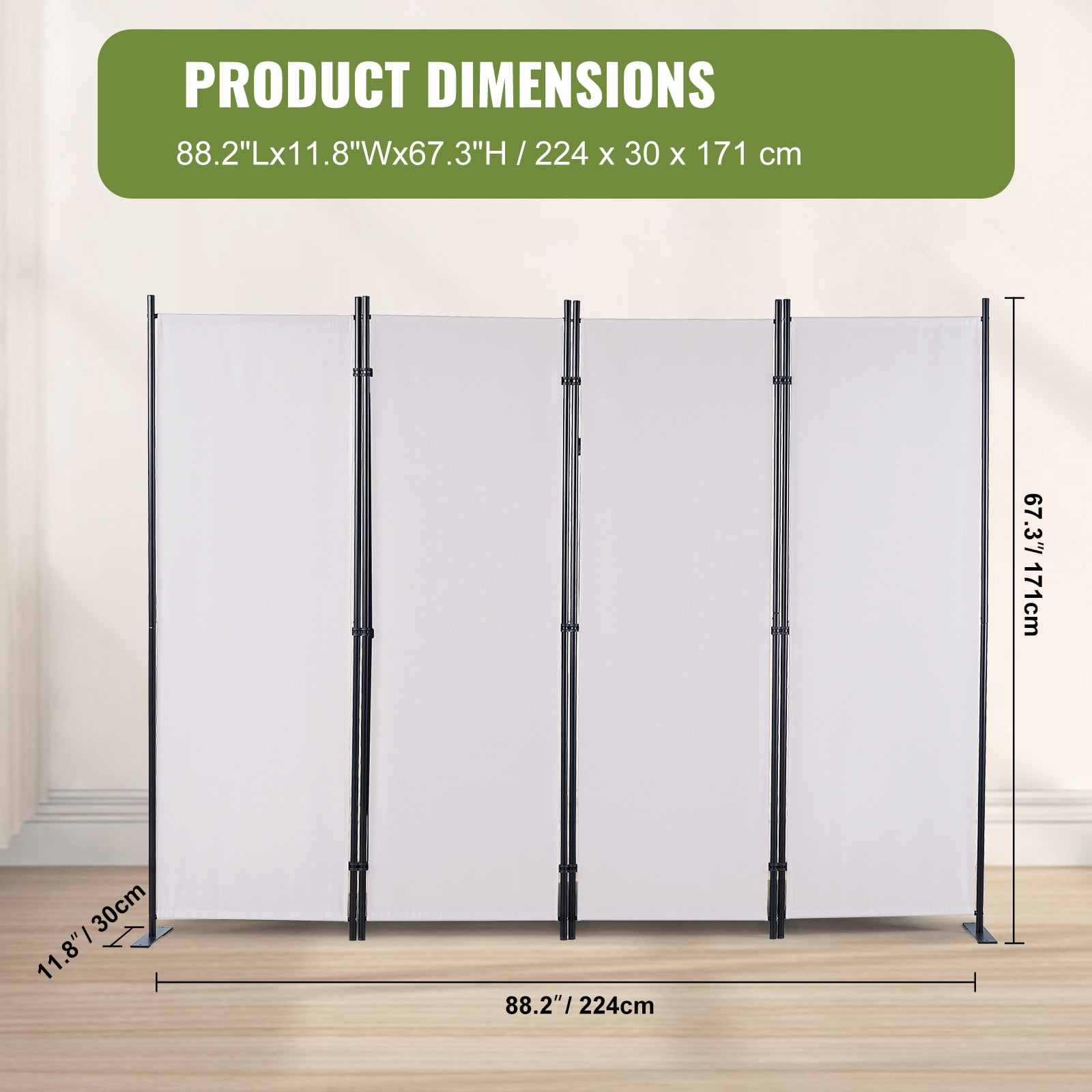 KFFKFF Space Separator, 5.6 ft Privacy Folding Screens (4-panel), Cloth Sectional Dividers for Workspace, Sleeping Area, Meal Space, Study Room, Independent, in White