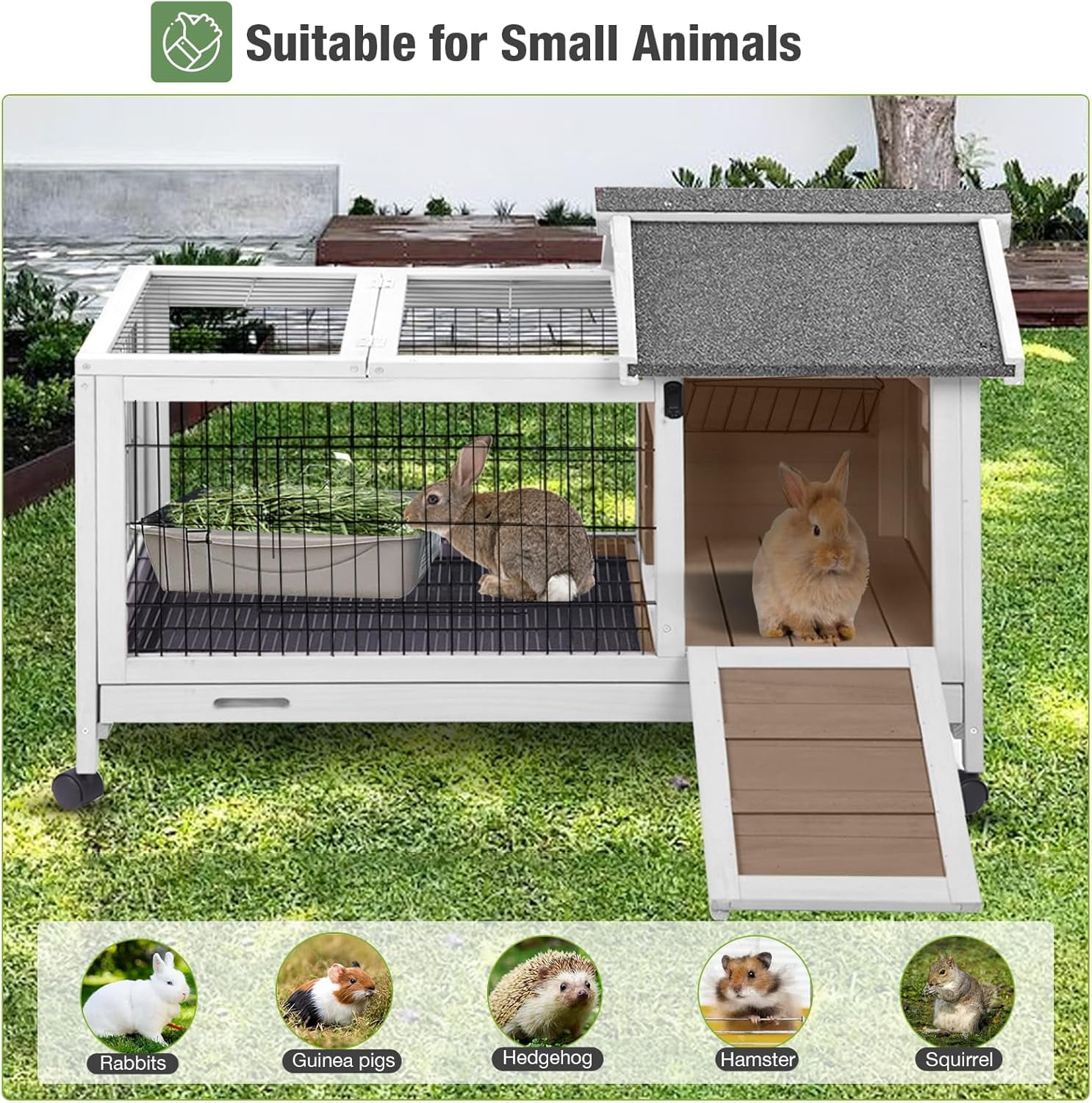 Aivituvin Wooden Rabbit Hutch Indoor and Outdoor, Rabbit Cage with Removable Wire Netting and Leak Proof Tray, Mobile Bunny Cage with Wheels (Brown)