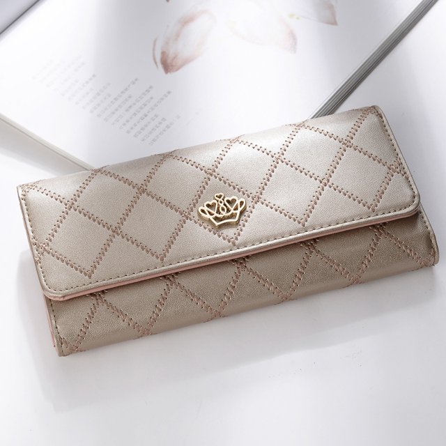 Cartera de mujer Cartera larga con hebilla coreana con forma de rombo y corona bordada Cartera de mujer