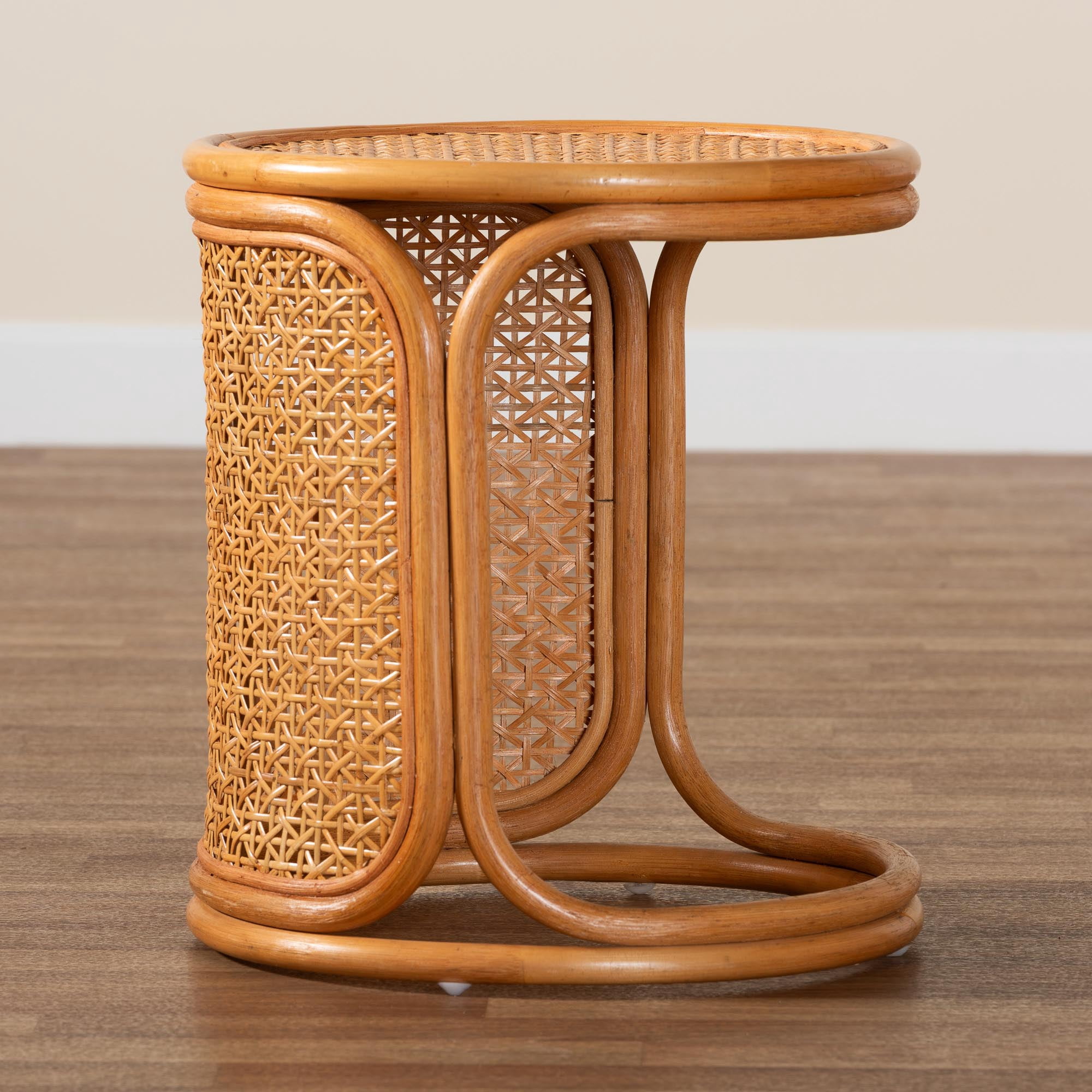 bali & pari Eldon Indoor Bohemian Natural Rattan Circle End Table, Light Honey