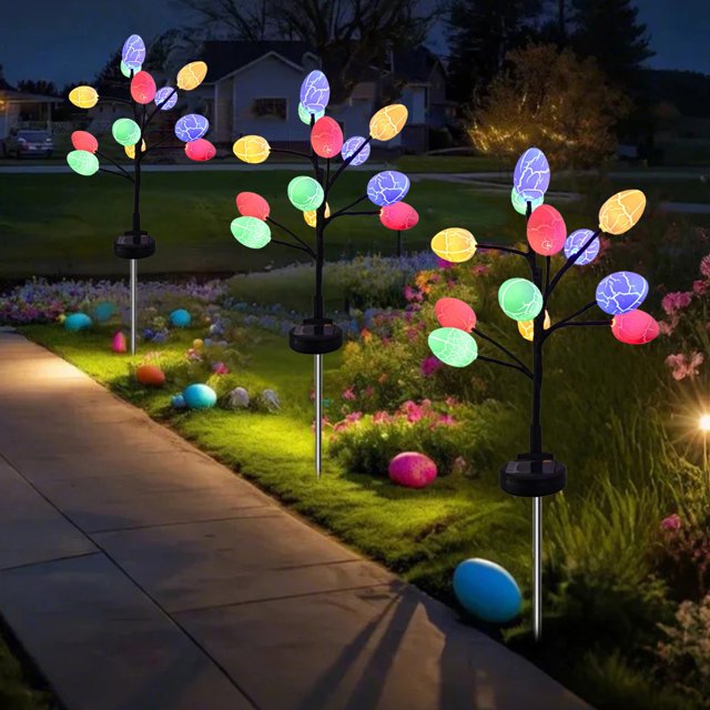 Decoraciones de Pascua, adornos de Pascua, regalos de Pascua, decoración solar de Pascua para exteriores, 2 juegos de luces LED de calle con forma de huevo de Pascua y estacas de acero inoxidable, 2 m
