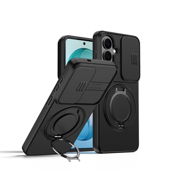 Dteck Protective Phone Case for Samsung Galaxy A17 5G,Shockproof TPU PC Case Slide Camera Cover 360° Ring Stand Back Cover, Black
