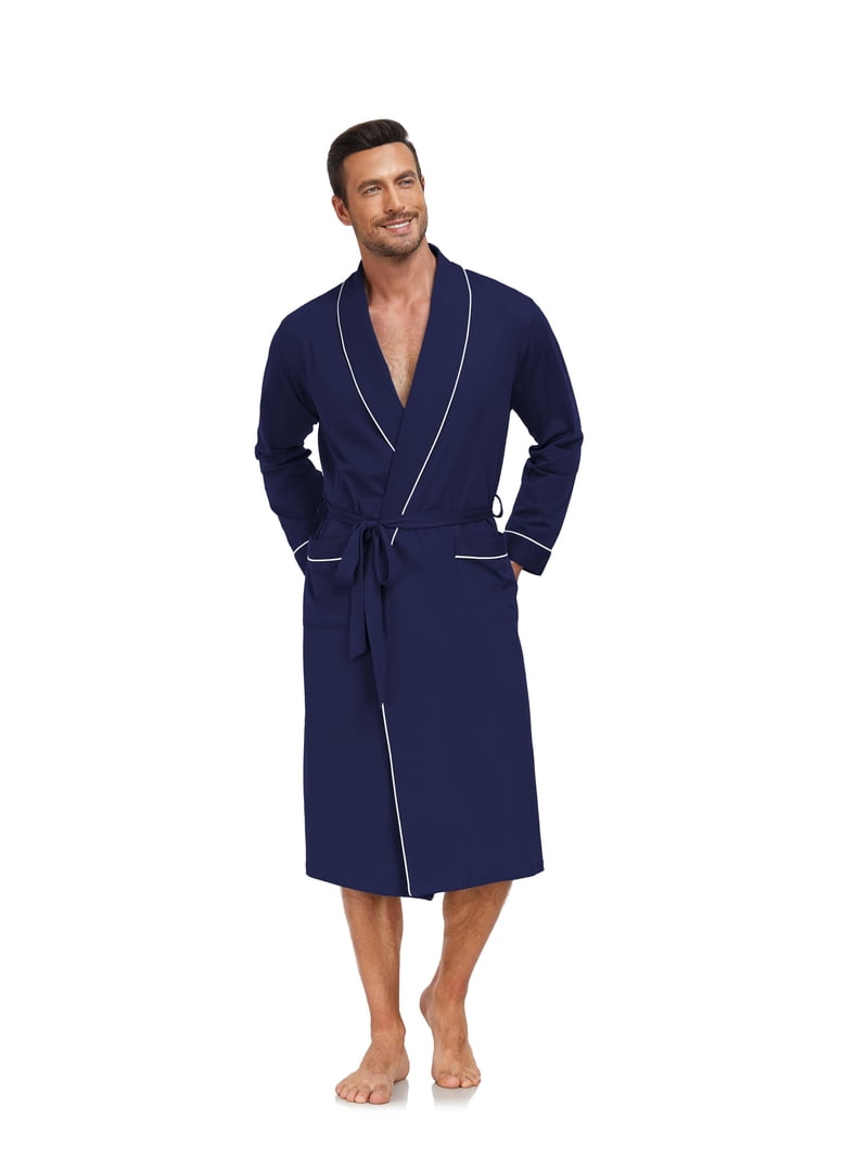 ANLIQI Mens 100% Cotton Robes Lightweight Long Sleeve Bathrobe Knit Spa  with Pockets (Navy Blue, M) - Walmart.com
