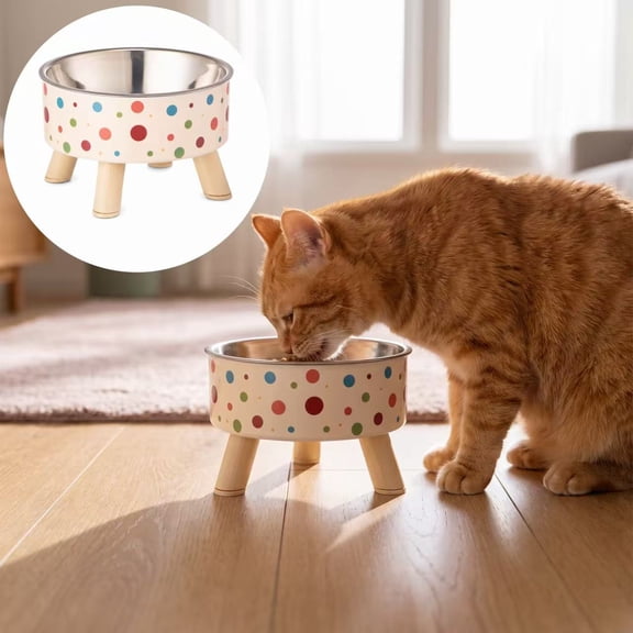JWGIETK Raised Dog Bowl, Stainless Steel, with Wooden Stand, for Small Breeds, Cats, Puppy, Multicolor