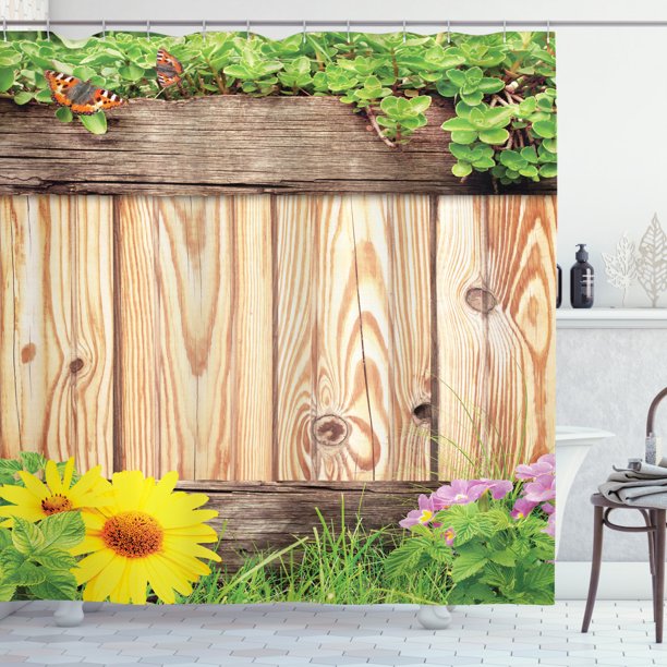 Wooden Shower Curtain, Fence Garden Yard Summer Spring Daisy Flowers