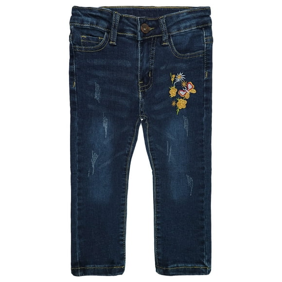 KIDSCOOL SPACE Jeans pour Petites Filles, Bande Élastique Intérieure, Denim Doux Extensible à Broderie Florale, Pantalon Ajusté