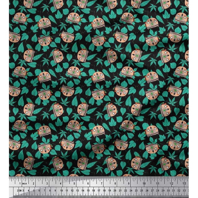 Soimoi Modal Satin Fabric Leaves & Owl Cartoon Decor Fabric Printed Yard 42 Inch Wide