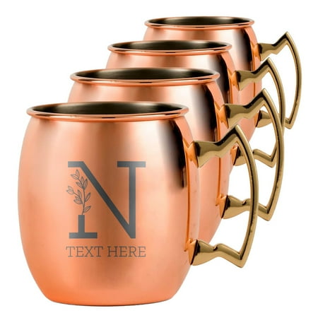 

PERSONALIZED Monogram Letter Name Custom Engraved Moscow Mule Mug With Sturdy Handle and Round Rolled Rim Classic Smooth Copper Finish 18oz Garden Set of 4