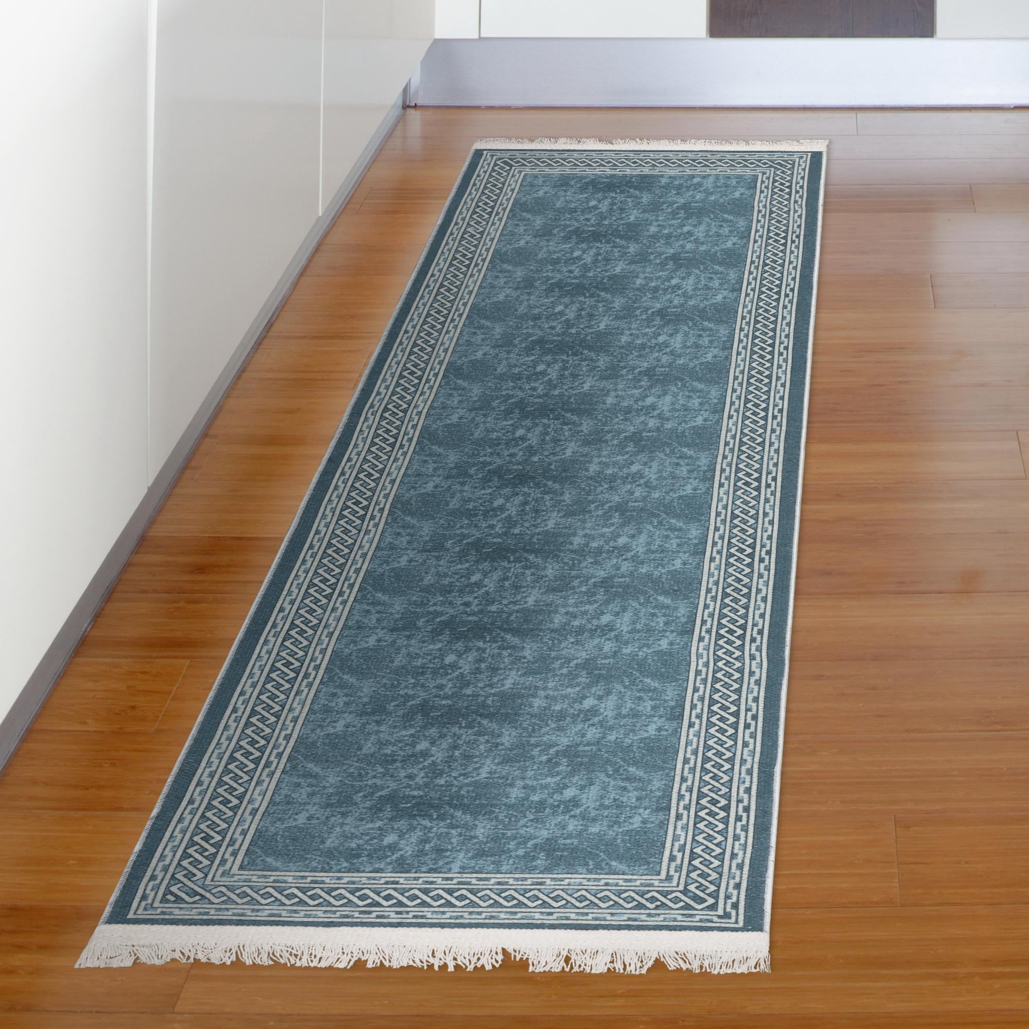 Ottomanson Machine Washable Cotton 2x5 Flatweave Runner Rug for Bedroom, 20" x 59", Blue Border