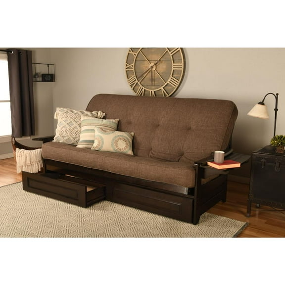 Kodiak Furniture Phoenix Queen Espresso Wood Storage Futon-Linen Cocoa Mattress