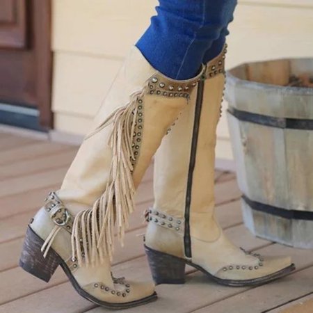 

Vintage Women s Tassel Square Head Low-heeled Western Rodeo Slip-On Comfy Boots