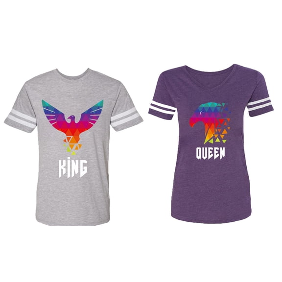 King Queen Eagle Colorful Matching Couple Cotton Jerseys (Men Heather / Women Purple) (Men S / Women XL)