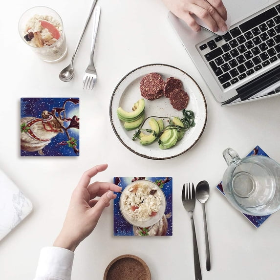 FMSHPON Merry Christmas Elk Set of 4 Coaster for Drinks, Absorbent Ceramic Stone Coasters Cup Mat with Cork Base for Home Kitchen Room Coffee Table Bar Decor