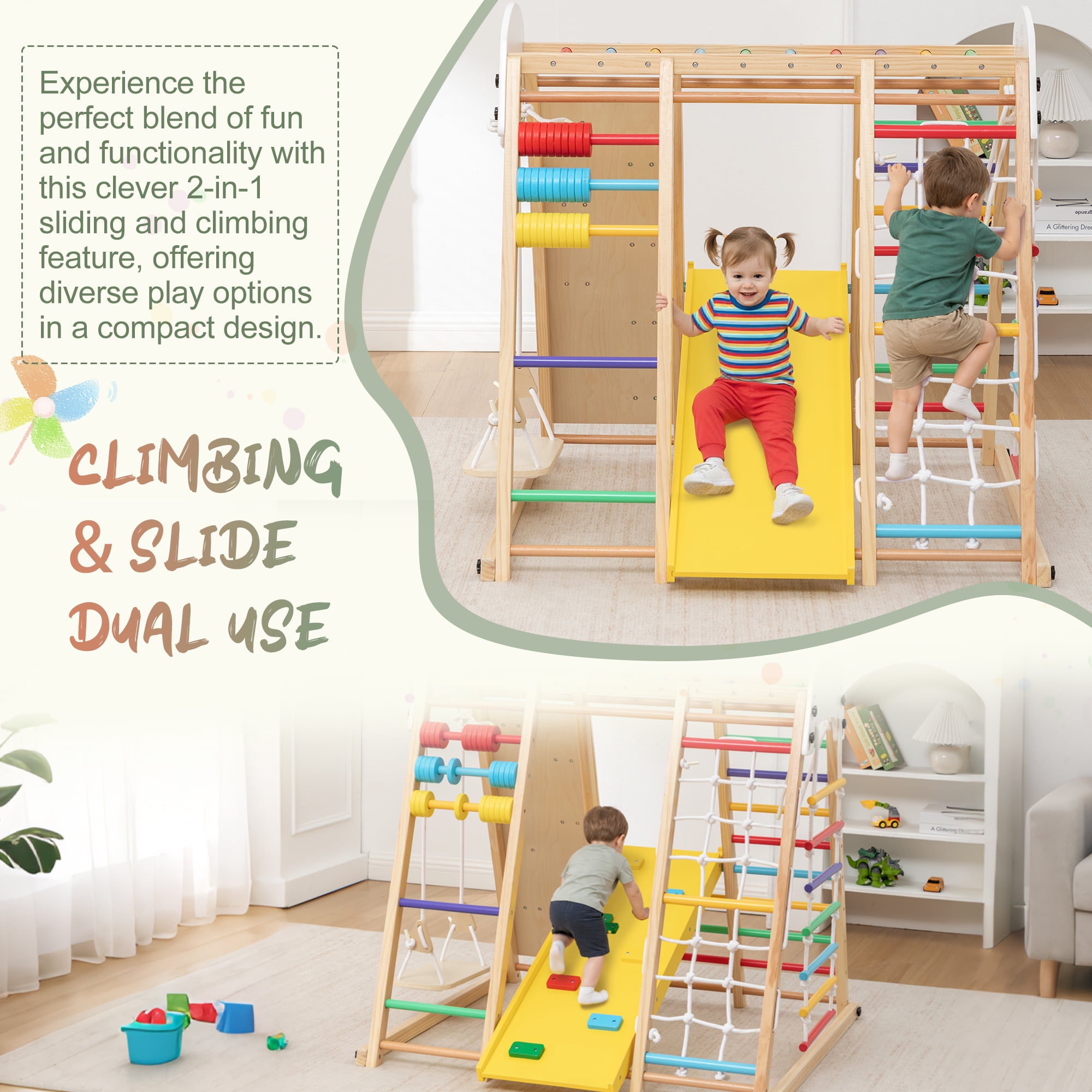 9 in 1 Foldable Kids Climbing Frame & Slide, Wooden Toddler Playground with Swing, Monkey Bars, Climbing Rock, Abacus Game, Indoor Outdoor Playset for Ages 3+, Natural Wood, 176LBS Capacity