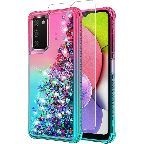 Galaxy A03S Case,Samsung 03S Case with HD Screen Protector,Gradient Quicksand Glitter Liquid Floating Waterfall Durable Girls Cute Phone Case for Samsung Galaxy A03S (Purple/Blue)
