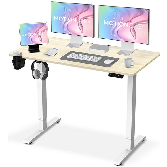 MotionGrey - Ergo2 Adjustable Electric Standing Desk with Memory Settings - 43" x 24" Light Brown Top White Frame - Ergonomic Desk for Home and Office