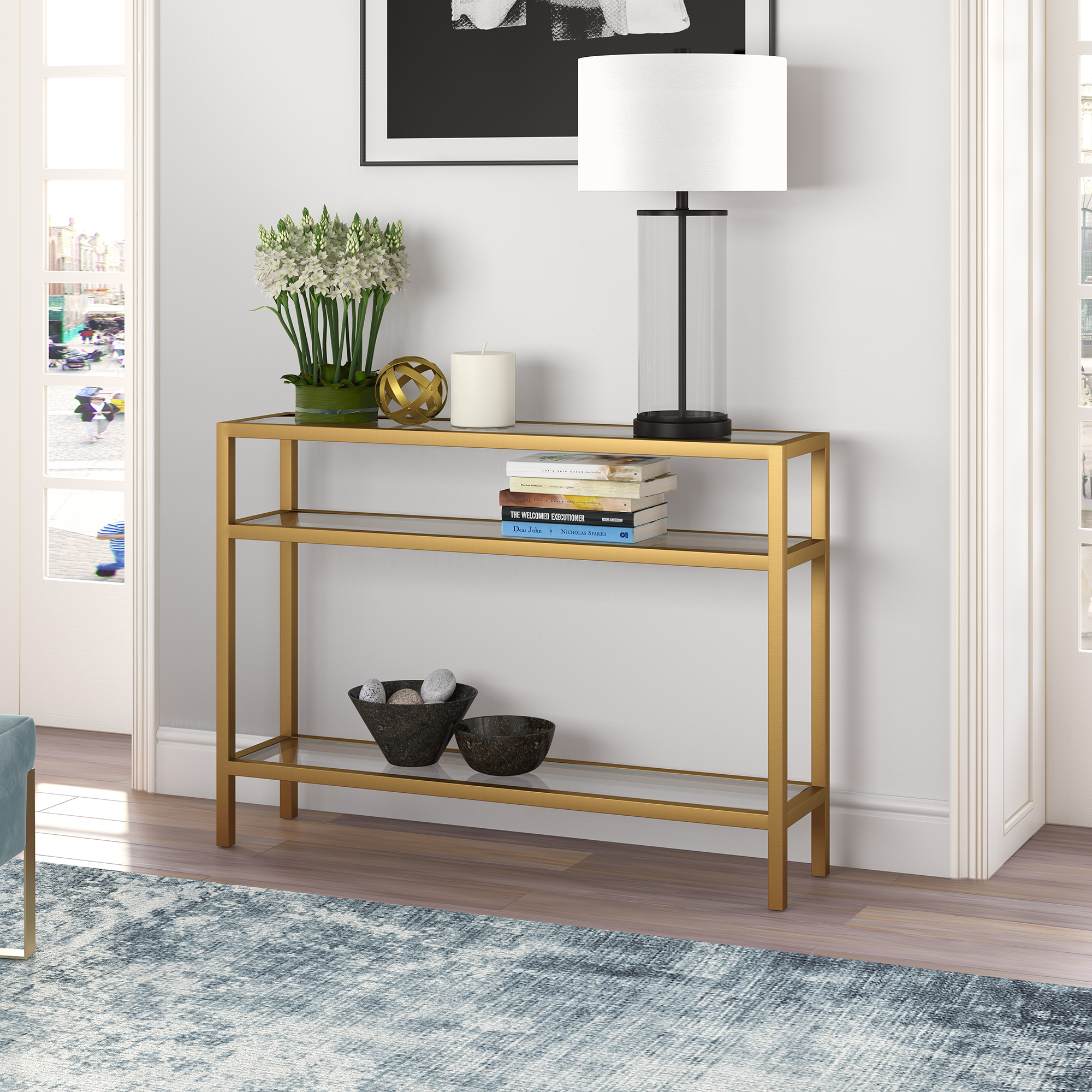 Evelyn&Zoe Contemporary Metal Console Table with Glass Top