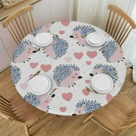 HAOXIT Tablecloth Cute Hedgehog Polka Dot Animal Waterproof Washable Round Tablecover for Party Banquet Home Dinner Decor 38-42
