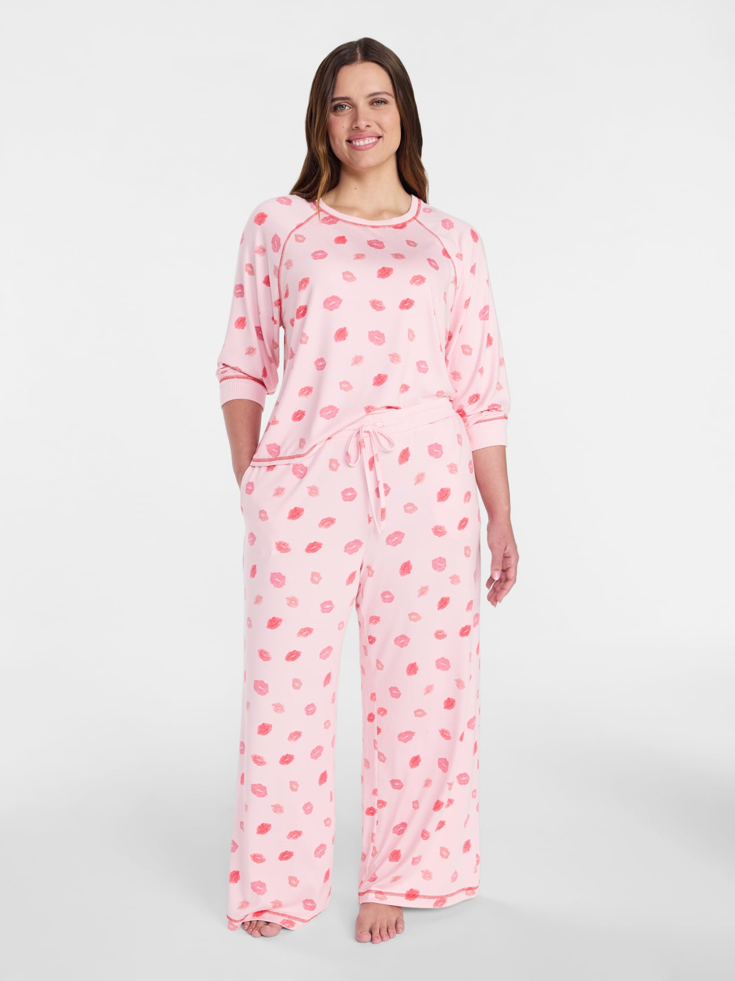 Joyspun Women's Cozy Lounge Collection Hacci Long Sleeve Top and Pants Pajama Set, 2-Piece, Sizes XS-3X