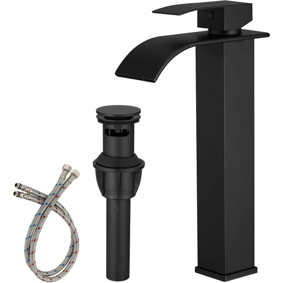 Vessel Sink Faucet Waterfall Bathroom Faucet Matte Black Stainless Steel Tall Single Handle One Hole Deck Mount Bowl Vanity Sink Faucet with Pop-up Drain Stopper