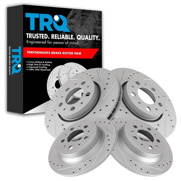 TRQ Front and Rear Performance Brake Rotors Set Premium G-Coated Cross Drilled & Slotted Fits Select 2001-2009 Volvo S60 1999-2006 S80 2001-2006 V70 2003-2007 XC70