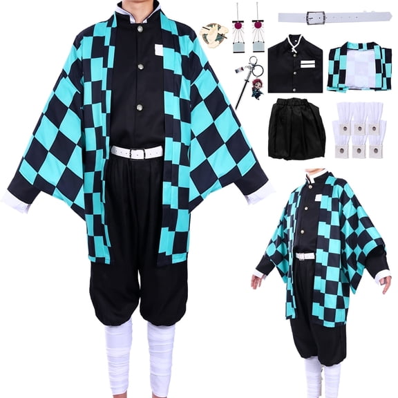 Forfamy Kamado Tanjiro Cosplay Tanjiro Kimono Costume Anime Outfit Men Women with Earring for Halloween