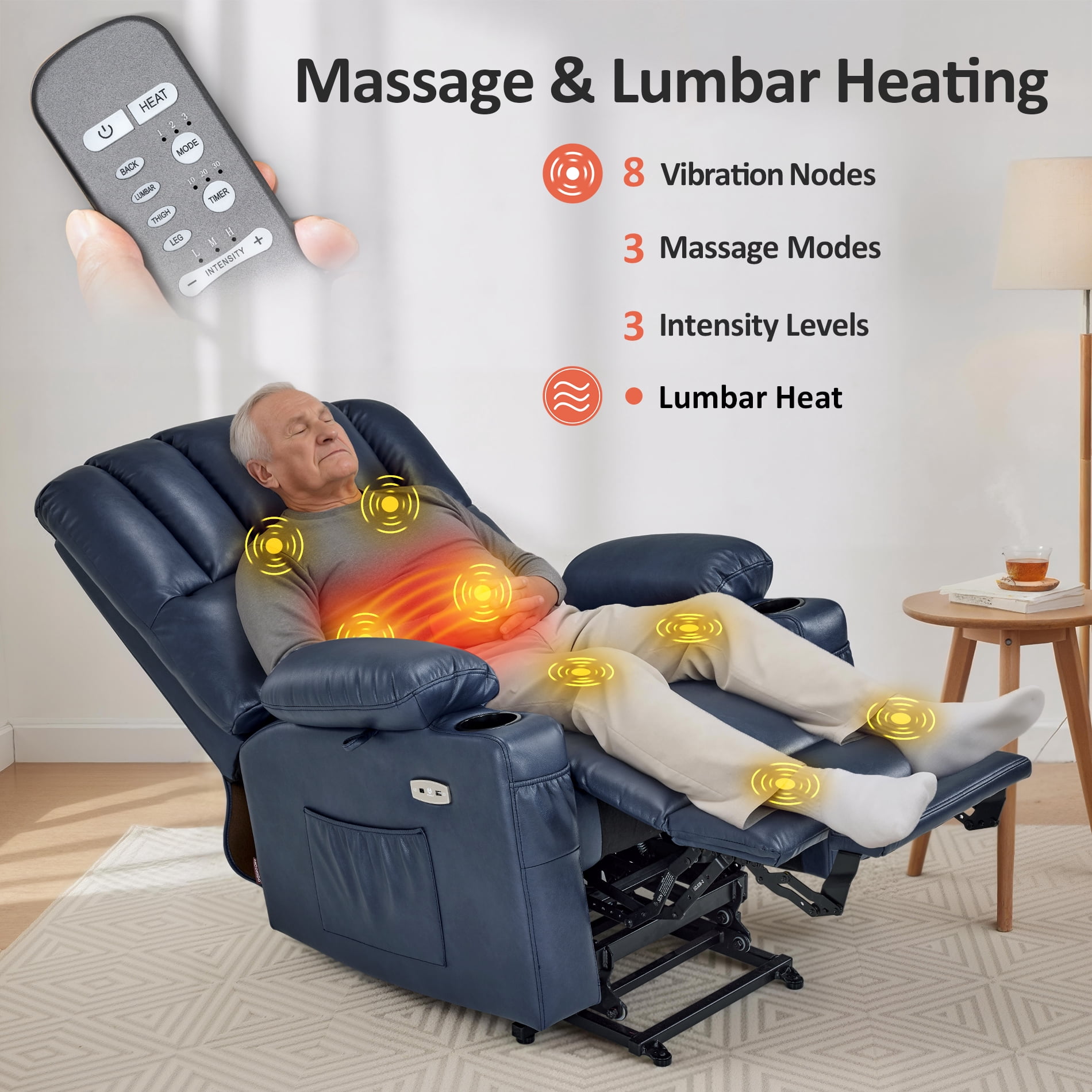 MCombo Power Lift Recliner Chair with Massage Heat, Extended Footrest, Faux Leather(Medium-Regular, Blue)