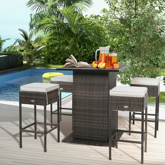 Gymax 5PCS Patio Bar Set Rattan Bar Furniture Set w/ Table & 4 Cushioned Stools