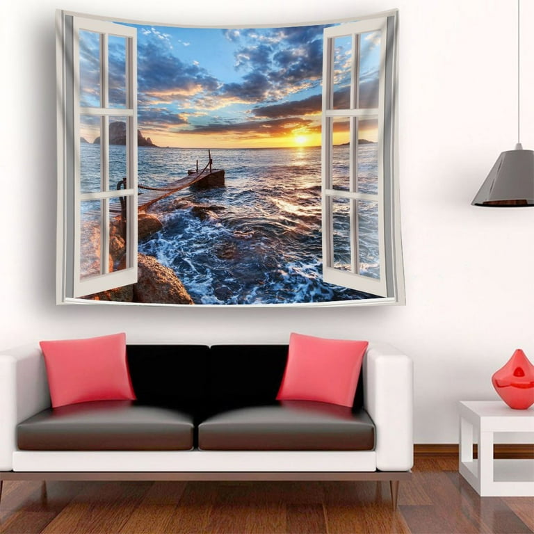 POPCreation Open Window Sunrise Nature Tapestry Polyester Fabric Tapestries Wall Art Hanging 60x80 Inches