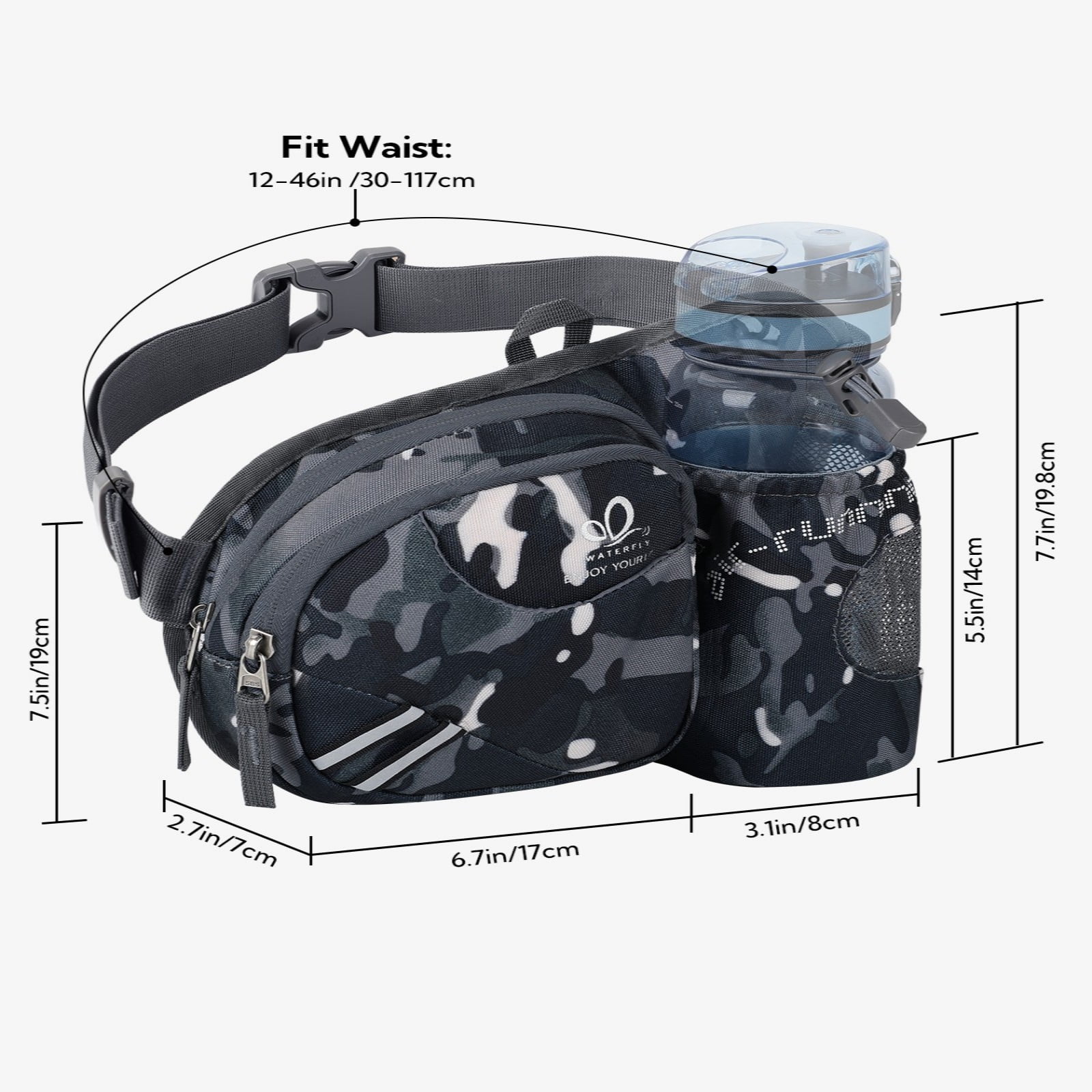 WATERFLY Unisex 3.5L Nylon Fanny Packs with a Water Bottle Holder Travelling Hiking Walking,Black camouflage