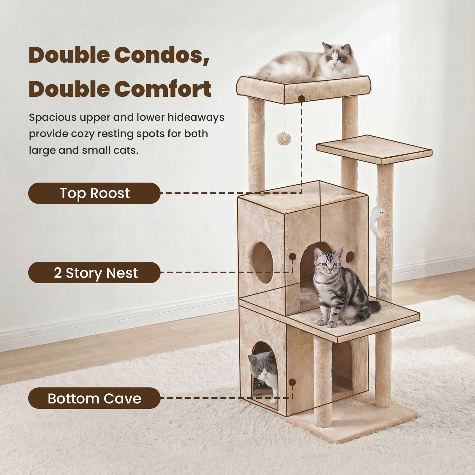 50-inch Large Cat Tree for Adult Cats, Multi-Level Cat Condo with 2 Cozy Caves, Steps, Sisal Scratching Posts & Toys, Beige