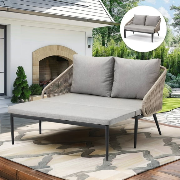 AECOJOY Outdoor Double Chaise Lounge Chair, Convertible Patio Loveseat Sofa Couch with Cushions, All-Weather Wicker/Metal Seating Furniture for Outside, Pool, Balcony, Grey