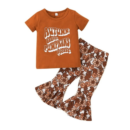 

Zlekejiko Toddler Girls Short Sleeves Kids Short Sleeves Top Letters Prints Outfits Set Bell Bottom Pants Flared Girls Outfits Set