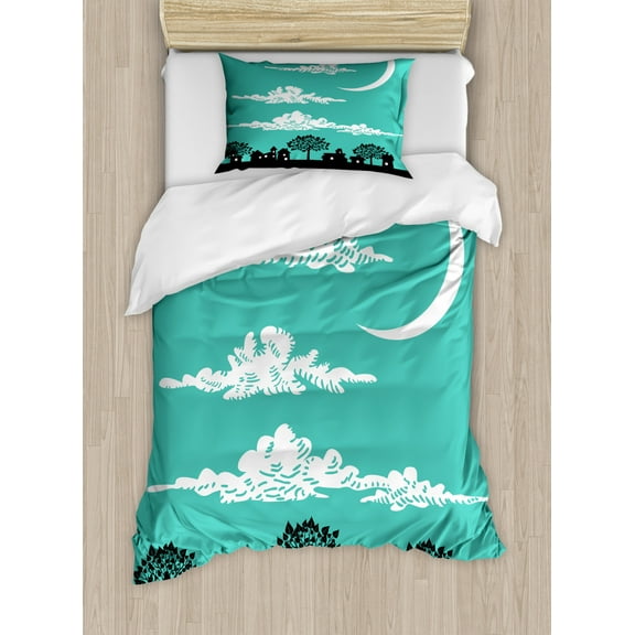 Cloud Twin Size Duvet Cover Set, Silhouette Buildings and Trees Summer Night with Clouds Crescent Moon, Decorative 2 Piece Bedding Set with 1 Pillow Sham, Turquoise Black and White, by Ambesonne
