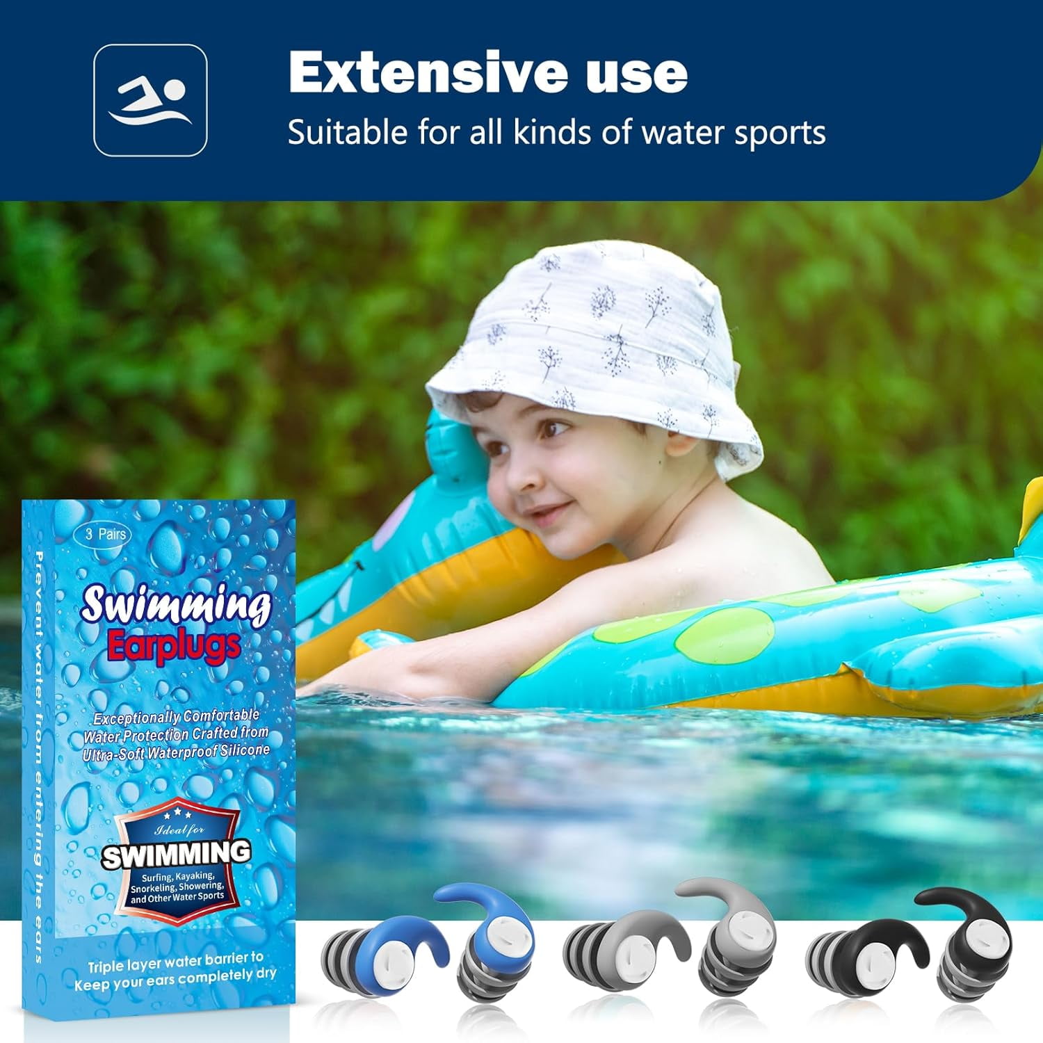Swimming Ear Plugs for Kids,3 Pairs Waterproof Silicone Swim Earplugs for Swimming Surfing Diving Showering for 5-13 Years Olds Children and Small Ear Teens