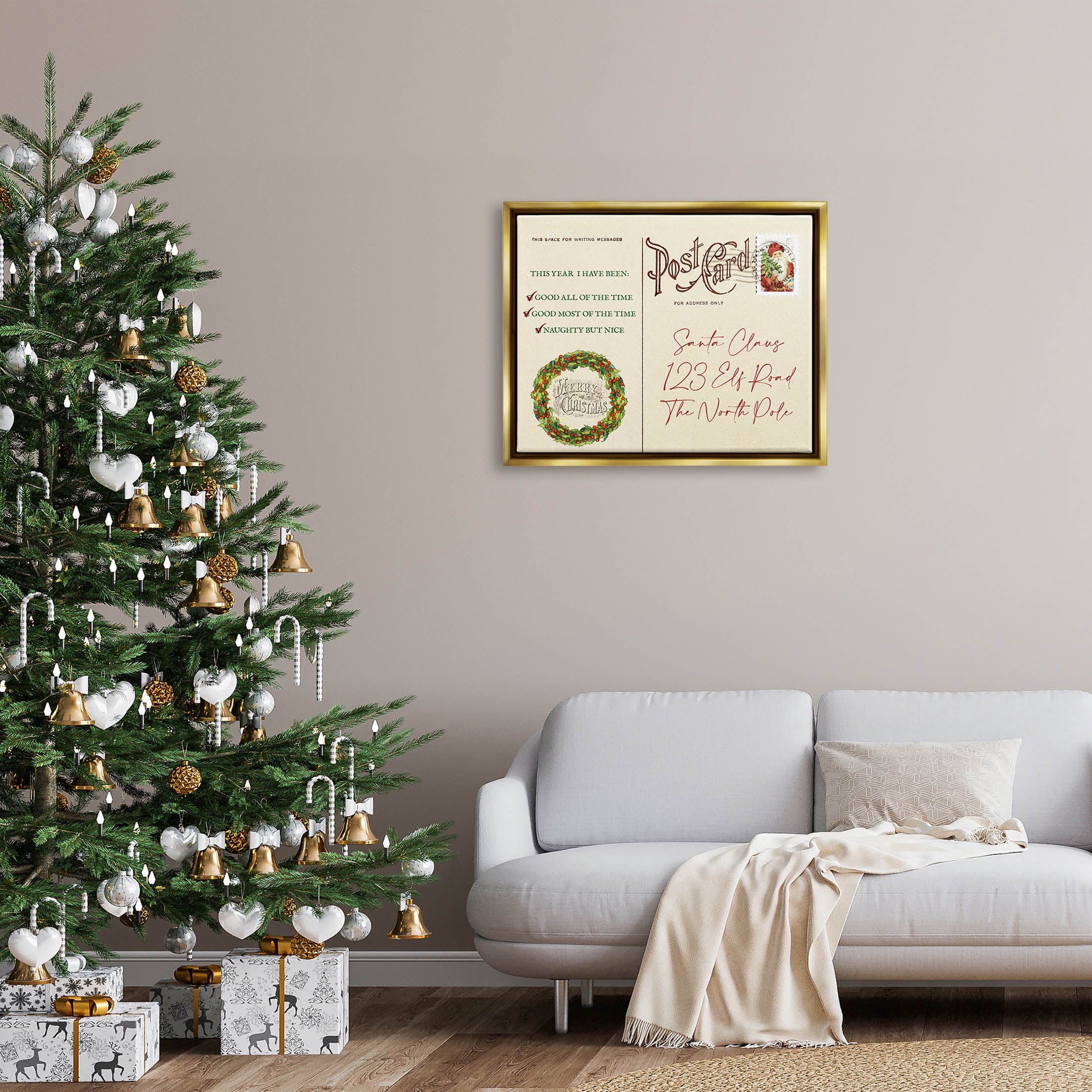 Stupell Industries Merry Christmas Vintage Postcard Graphic Art Metallic Gold Floating Framed Canvas Print Wall Art, Design by Lil' Rue