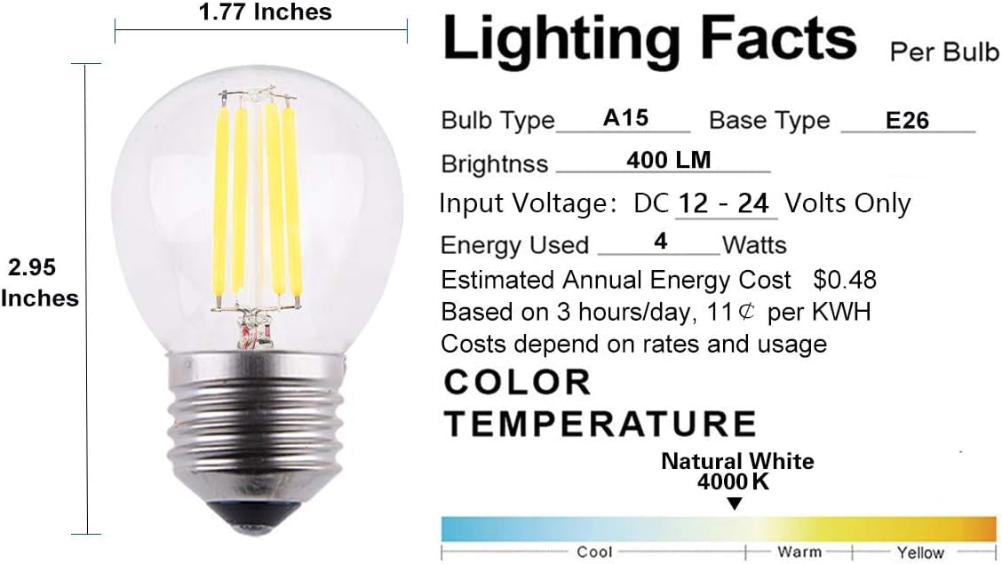 FEFEFW-12V Low Voltage 4W LED Mini Globe Bulb, Dimmable with DC Dimmer, E26 Medium Base, 4000K Daylight, 40W Incandescent Replacement, for Solar System 12V-24V DC Power, 2-Pack