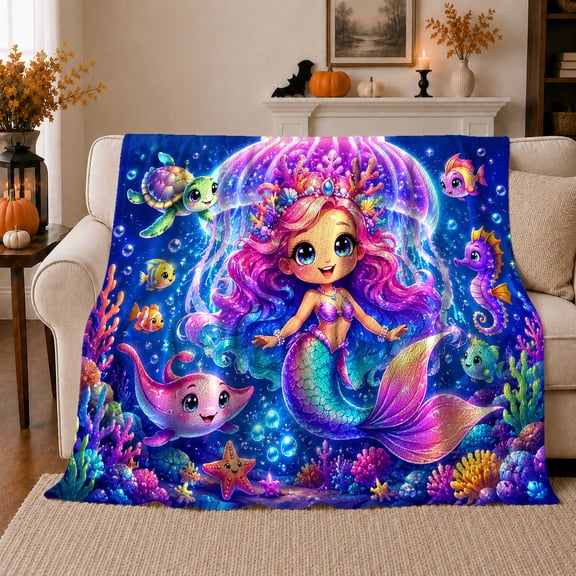 Magical Mermaid Ocean Adventure Underwater Fantasy, Cozy Friendship Quote Scene, Warm Flannel Blanket for Living Room and Reading Nook, Art Lovers Friendship Gift, Fantasy Home Decor
