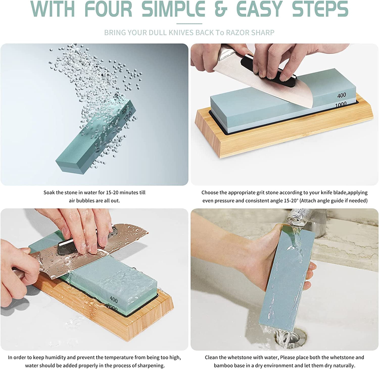 Whetstone Knife Sharpening Stone 4 Side Grit 400/1000 3000/8000 Waterstone, Whetstone Knife Sharpener, Sharpening Stone Whetstone Set with Bamboo Base, Flatting Stone, Angle Guide & Leather Strop