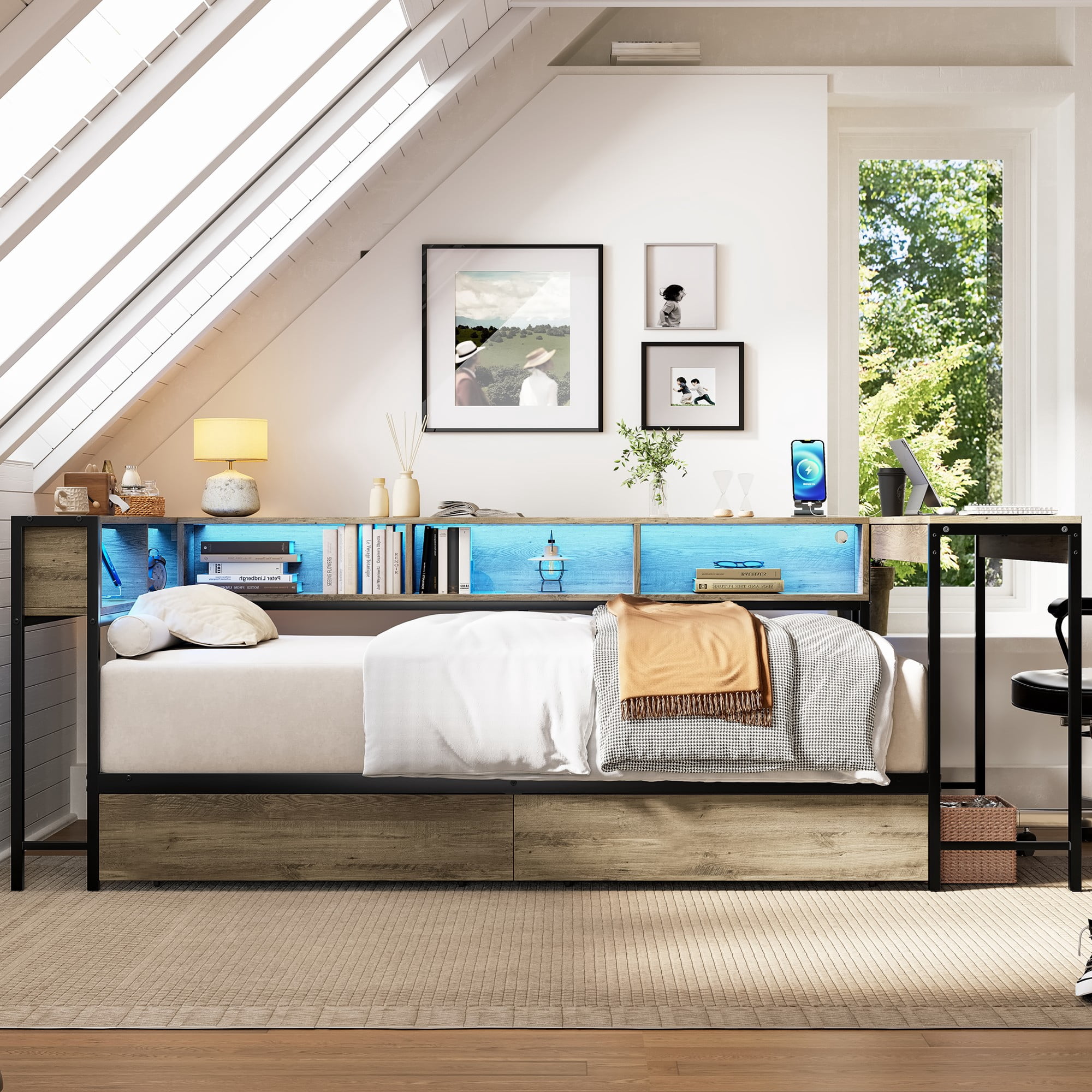 AENKYO Queen Size Corner Daybed with Desk & Storage Headboard, LED Lights, Power Outlets & Drawers, Gray