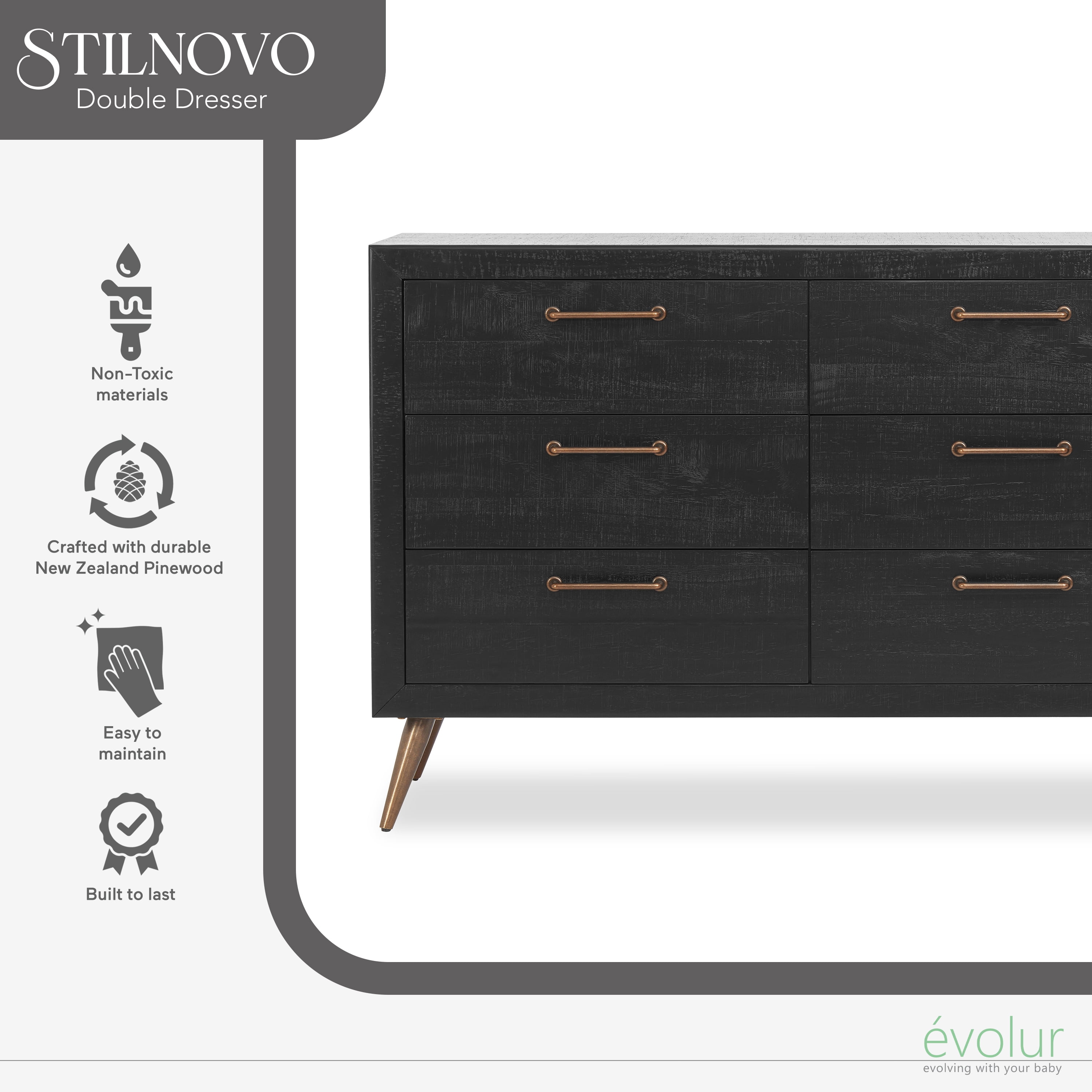 Evolur Stilnovo Mid Century Double Dresser In Onyx Black