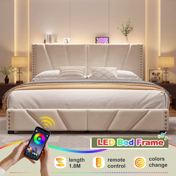 Romorgniz King Size Bed Frame with Underbed Storage Upholstered Bed Frame with Adjustable Headboard Platform Bed Frame with LED Light & Charge Station ,Beige