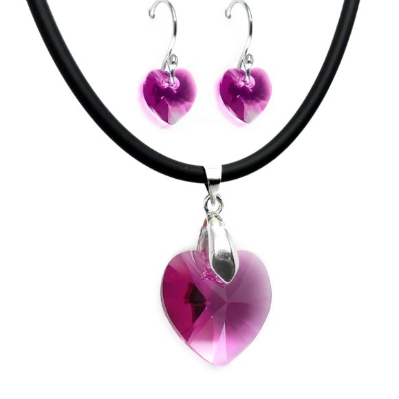 Juego de aretes y collar ZVEZDA de caucho con dije en forma de corazón plata mexicana ley .925 fucsia