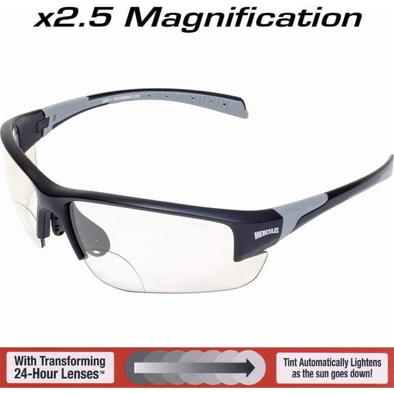 Global Vision 7 Auto-Darkening Photochromic 2.5 Bifocal Safety Glasses - Clear to Smoke, Anti-Fog, Protection, ANSI Z87.1 Certified