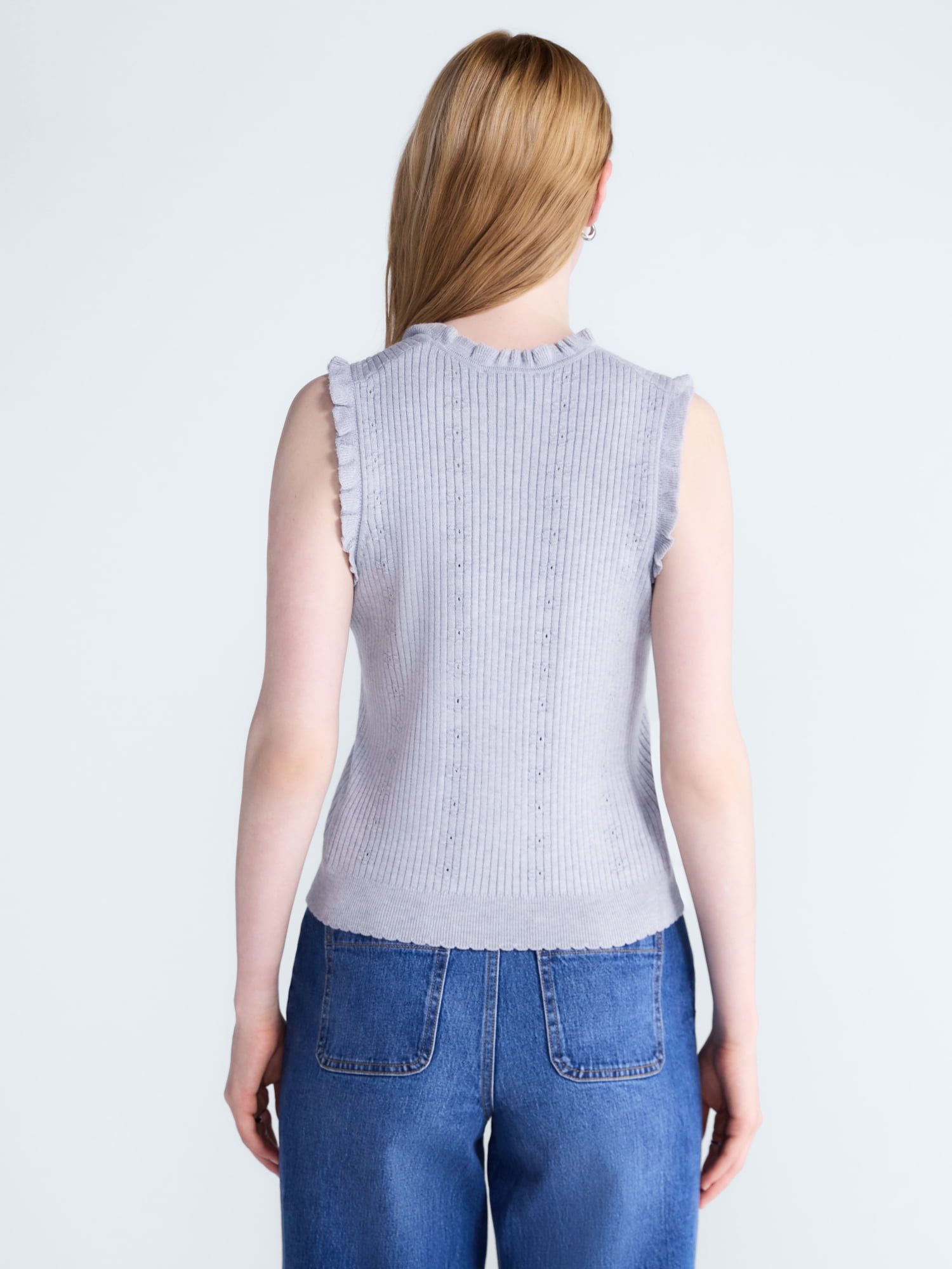 Free Assembly Women's Ruffle Trim Pointelle Sweater Shell, Lightweight, Sizes XS-XXL