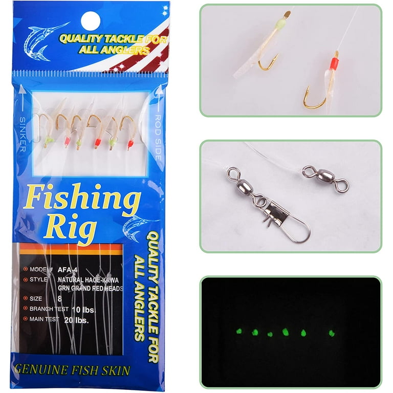 Fishing Rigs Bait Fish Skin Rig Hooks, 6 Packs Glow Fishing Bait Rigs with Fish  Skin Size 4 6 8 