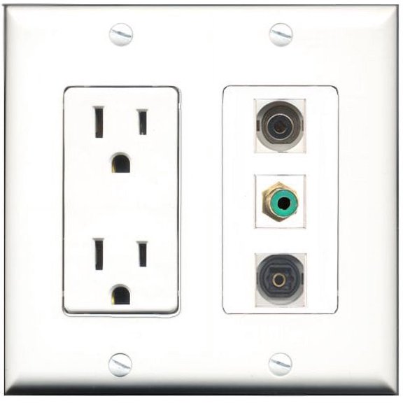 RiteAV - 15 Amp Power Outlet 1 Port RCA Green 1 Port Toslink 1 Port 3.5mm Decorative Wall Plate