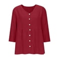 thumbnail image 4 of Craaazy Women Casual V Neck Blouse, Solid Color 3/4 Sleeve Button Down Shirt, Loose Fit Comfy Cotton Linen Top for Daily Wear Gifts, 4 of 6